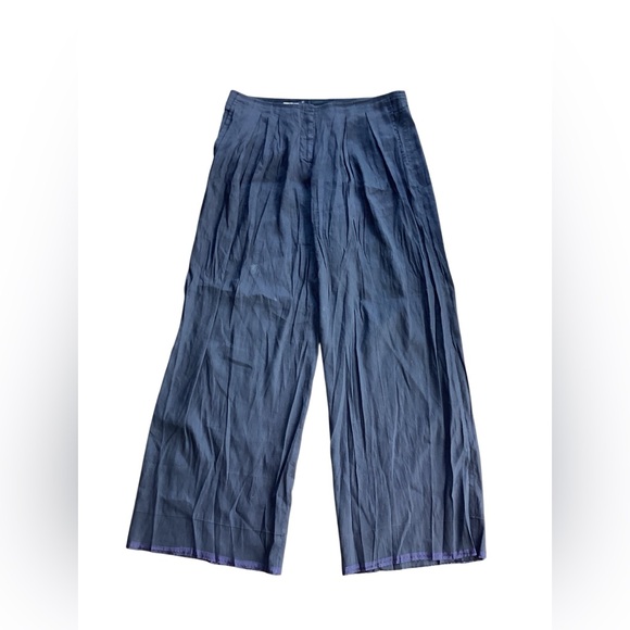 Emporio Armani Navy Blue Wide Leg Linen Blend Designer Pants 46 - Picture 1 of 6